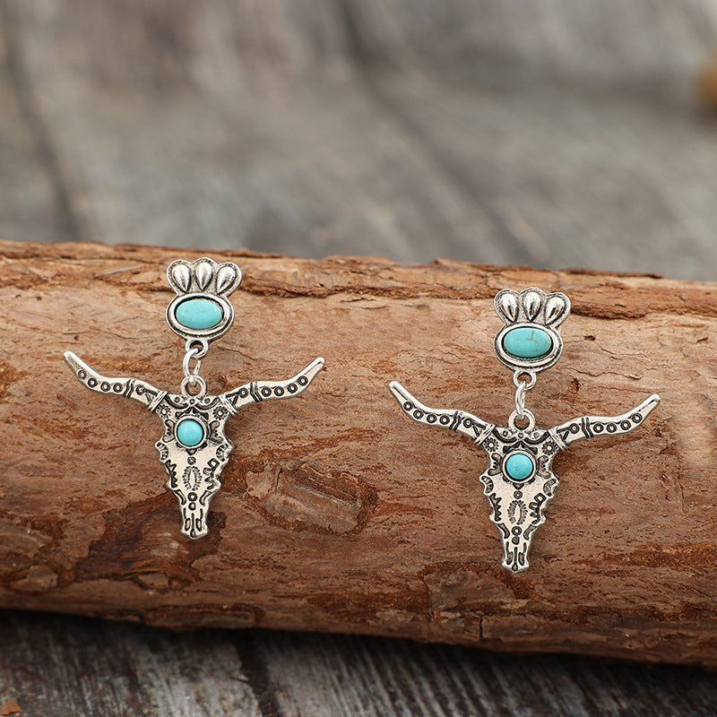 Wholesale Retro Creative Carved Turquoise Bull Head Earrings