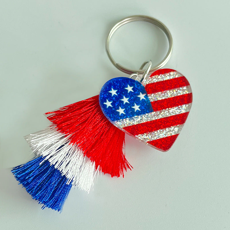 Wholesale 2pcs American Independence Day Pentagram Heart Shape Multi-Layered Tassel Keychain ACC-KC-HY024