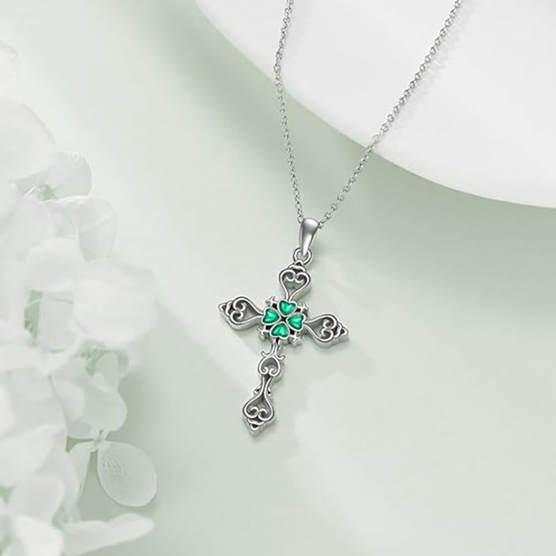 Wholesale Metal Cross Lucky Clover Pendant  Hollow Flower Necklace