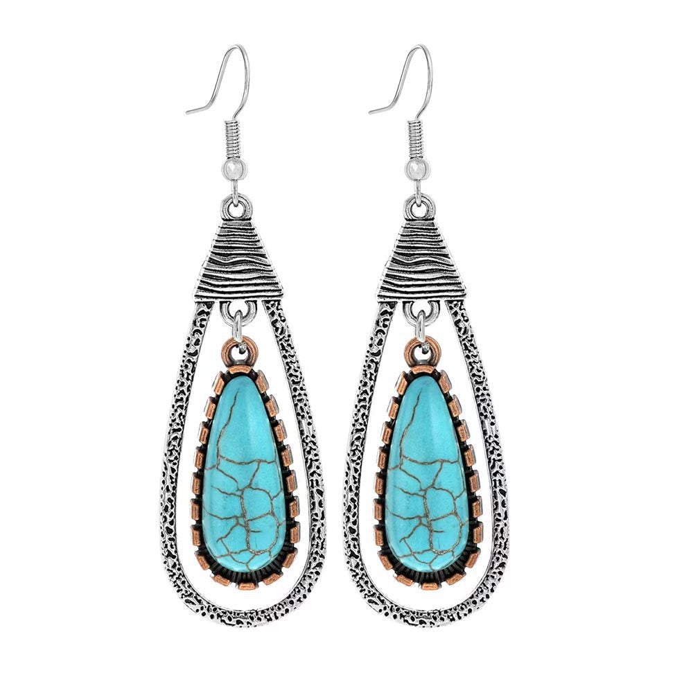 Wholesale Turquoise Geometric Tassel Earrings Antique Silver Retro Fashion Accessory for Everyday Wear or Gift
