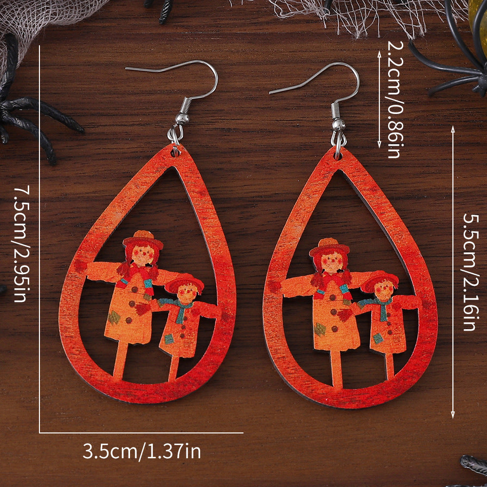 Wholesale Thanksgiving Day Halloween Pumpkin Scarecrow Teardrop Shape Wood Earrings ACC-ES-ChuLian029