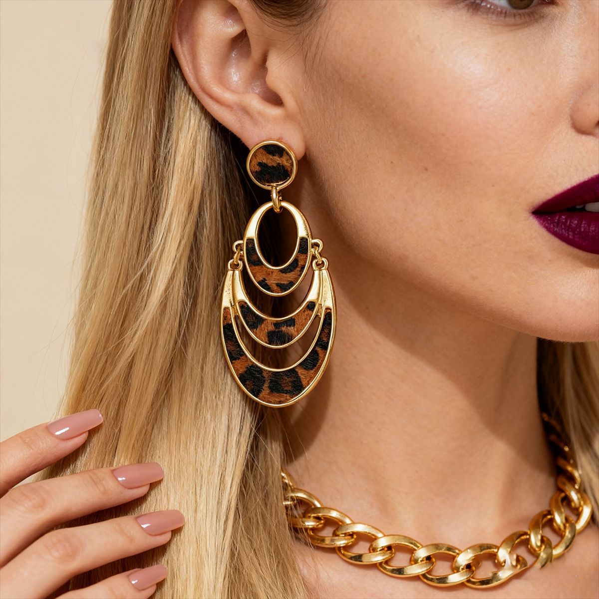 Wholesale Leopard Print Faux Horsehair Multi-Layer Hollow Round Earrings - Trendy Alloy Electroplated Jewelry Gift for Women
