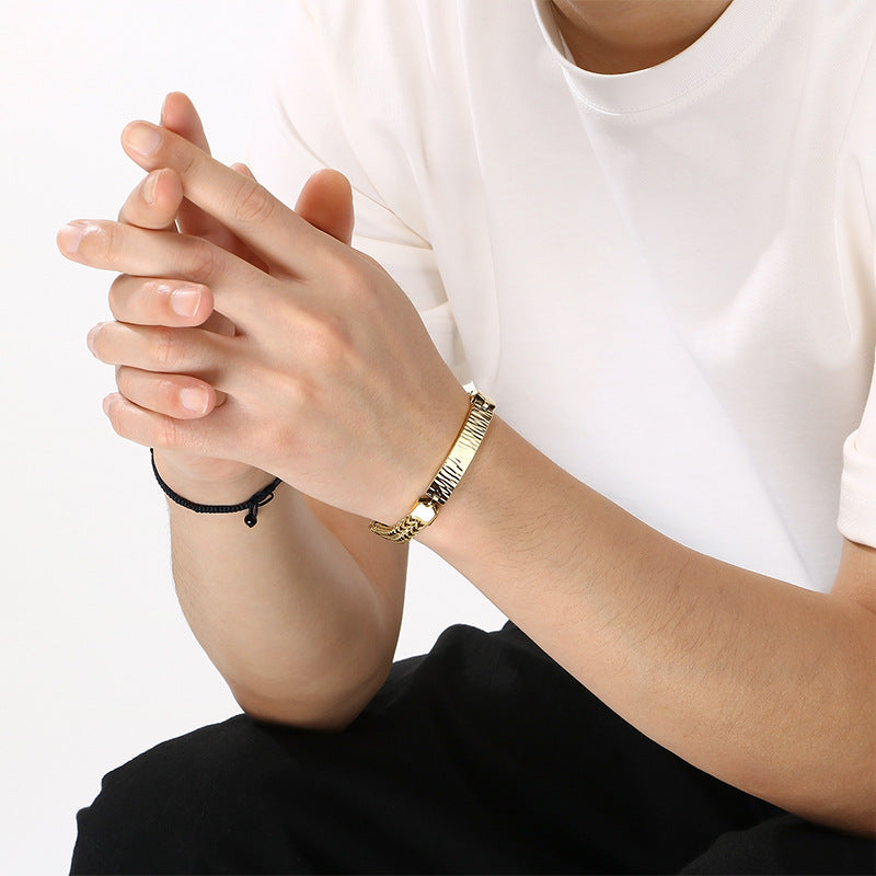 Wholesale Hip-Hop Style Double-Row Stainless Steel Curb Chain Men' s Bracelet with Textured Finish