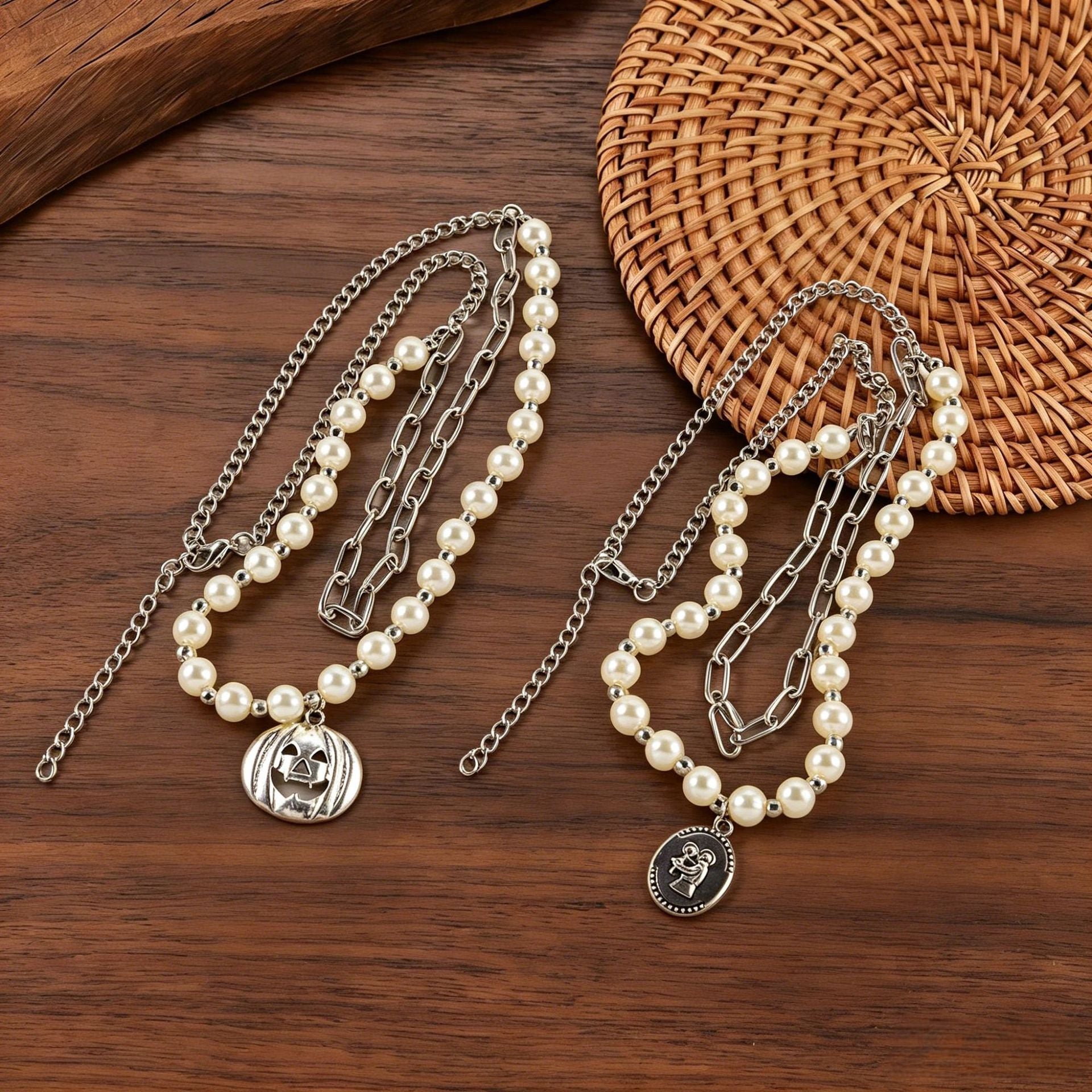 Wholesale Medieval Style  Pearl Double Layer Necklace with Pumpkin Ghost Pendant,  Fashion Accessory for Resale