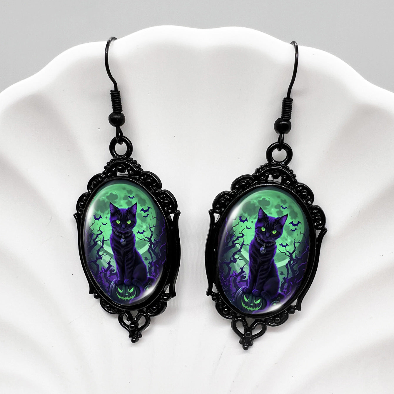 Wholesale Halloween Crow Skull Oval Lace Witch Pumpkin Black Cat Moon Metal Earrings ACCVIP-ES-XiangLian006