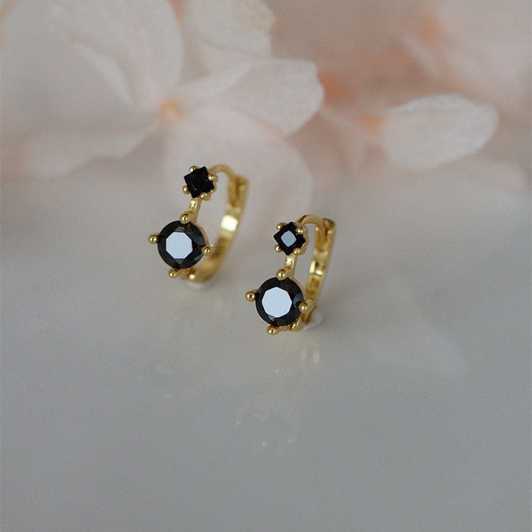 Wholesale Retro Double Diamond Black Zircon Earrings Silver Needle Fashion Accessory for Women