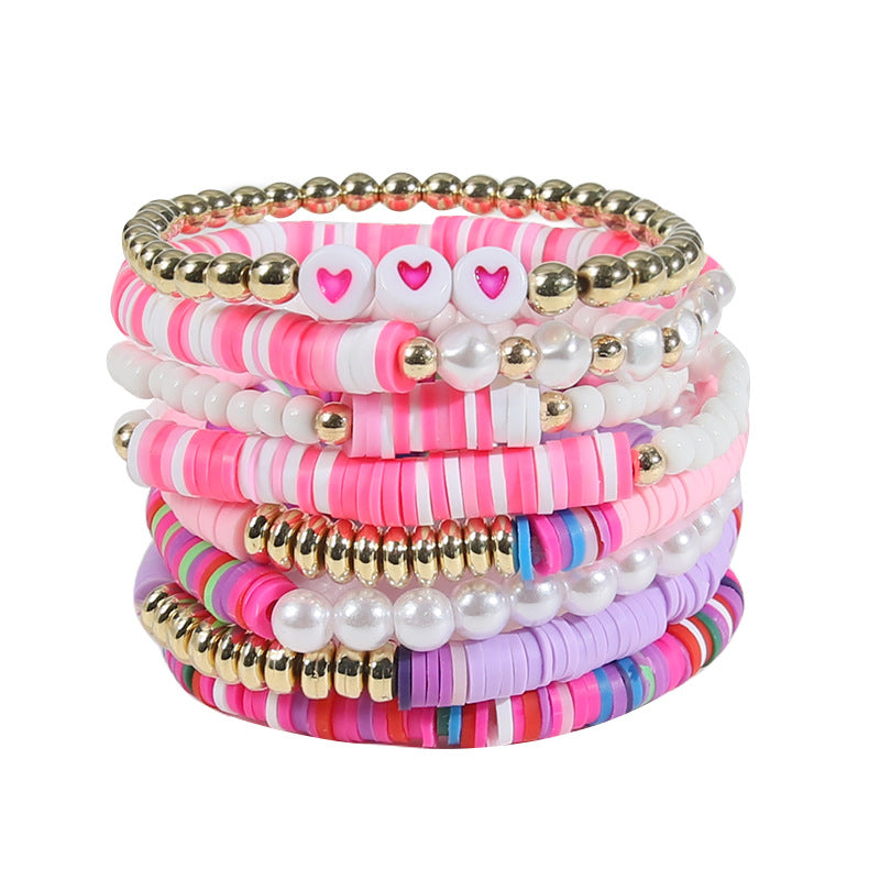 Wholesale 8pcs/set Rainbow Pearl Love Beaded Clay Bracelet Set
