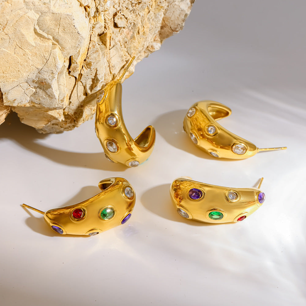 Wholesale Stainless steel stud earrings with a light luxury feeling and colorful diamonds