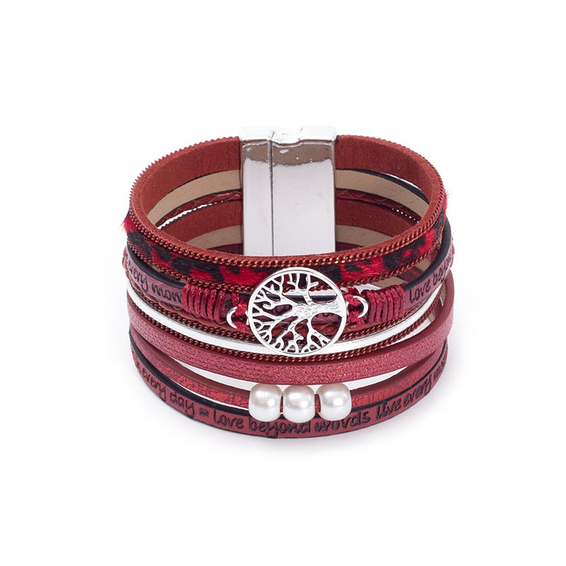 Wholesale Hand Woven Leather Hollow Tree of Life Multilayer Bracelet