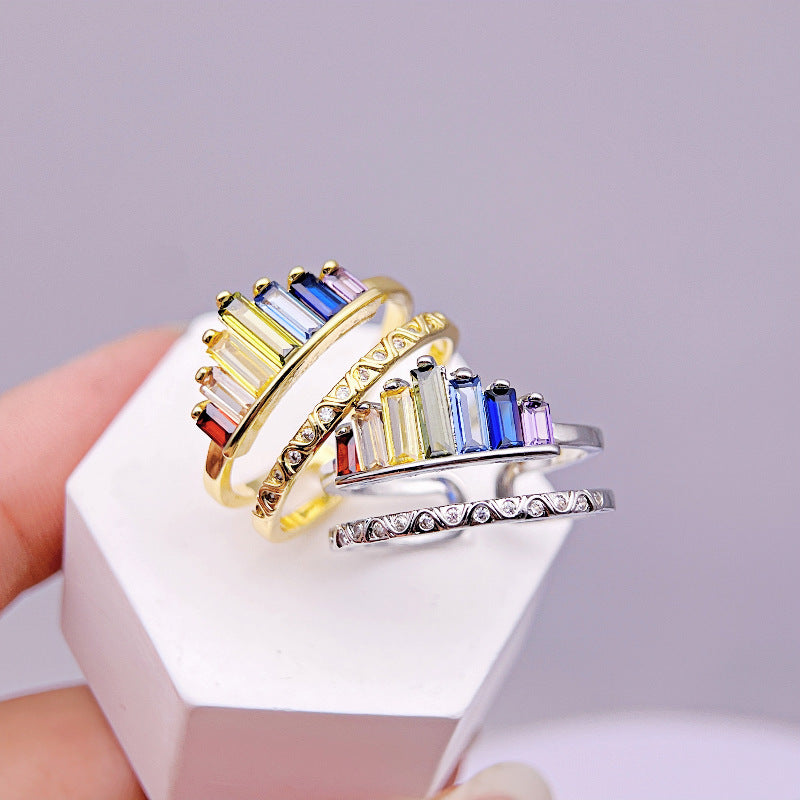 Wholesale Double Line Crown Rainbow Micro Diamond Adjustable Rings ACC-RS-YXY029