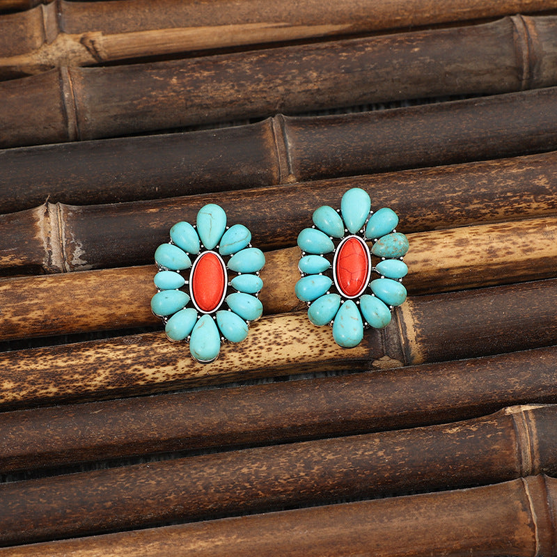 Wholesale Retro Bohemian Alloy Turquoise Floral Earrings Jewelry Accessory Gift