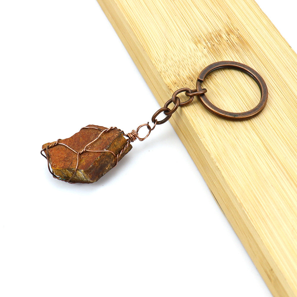 Wholesale Copper Wire Wound Natural Crystal Raw Stone Keychain ACC-KC-HanX007