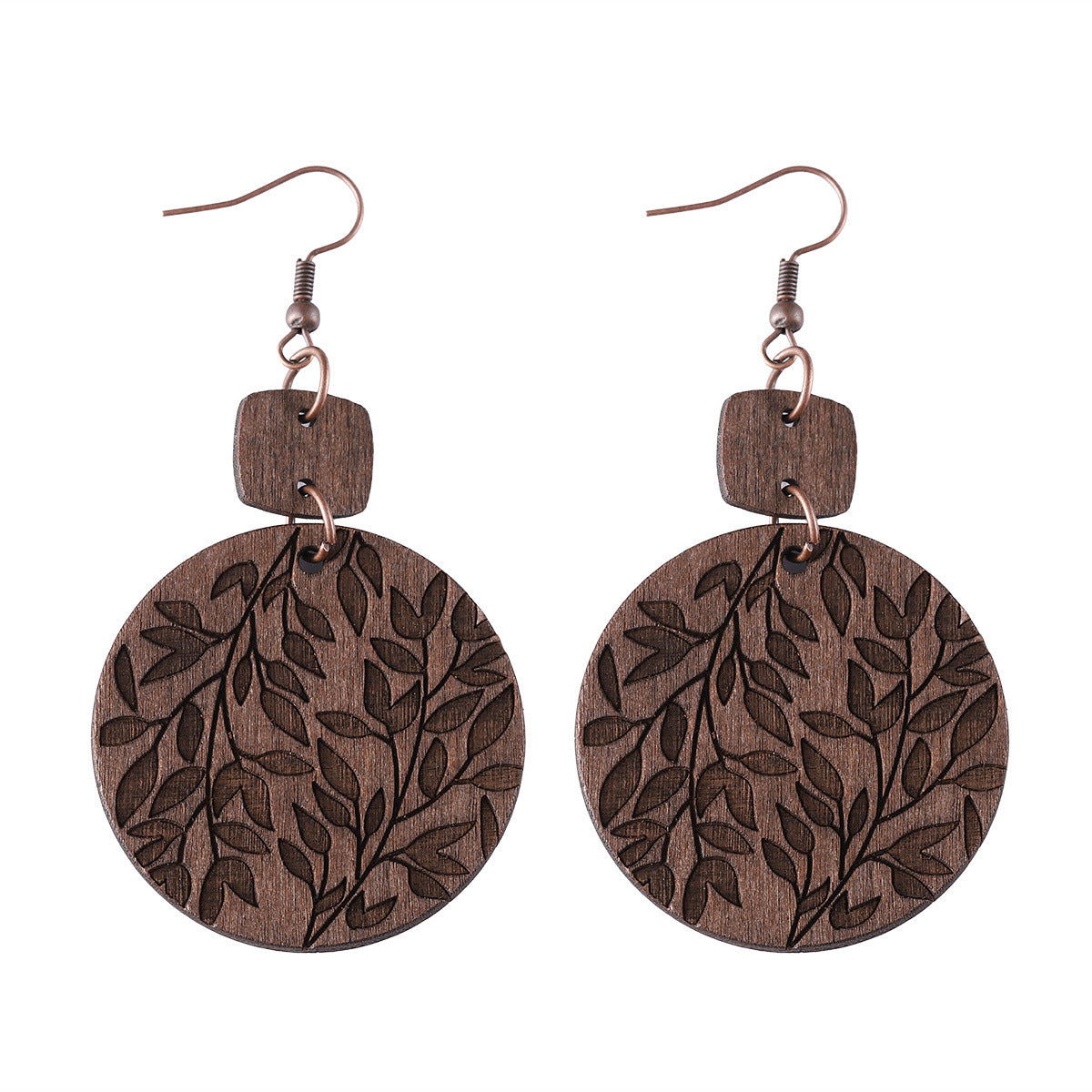Wholesale Leaf Round ing Pendant Earrings Bohemian Wooden Double-sided  Earrings