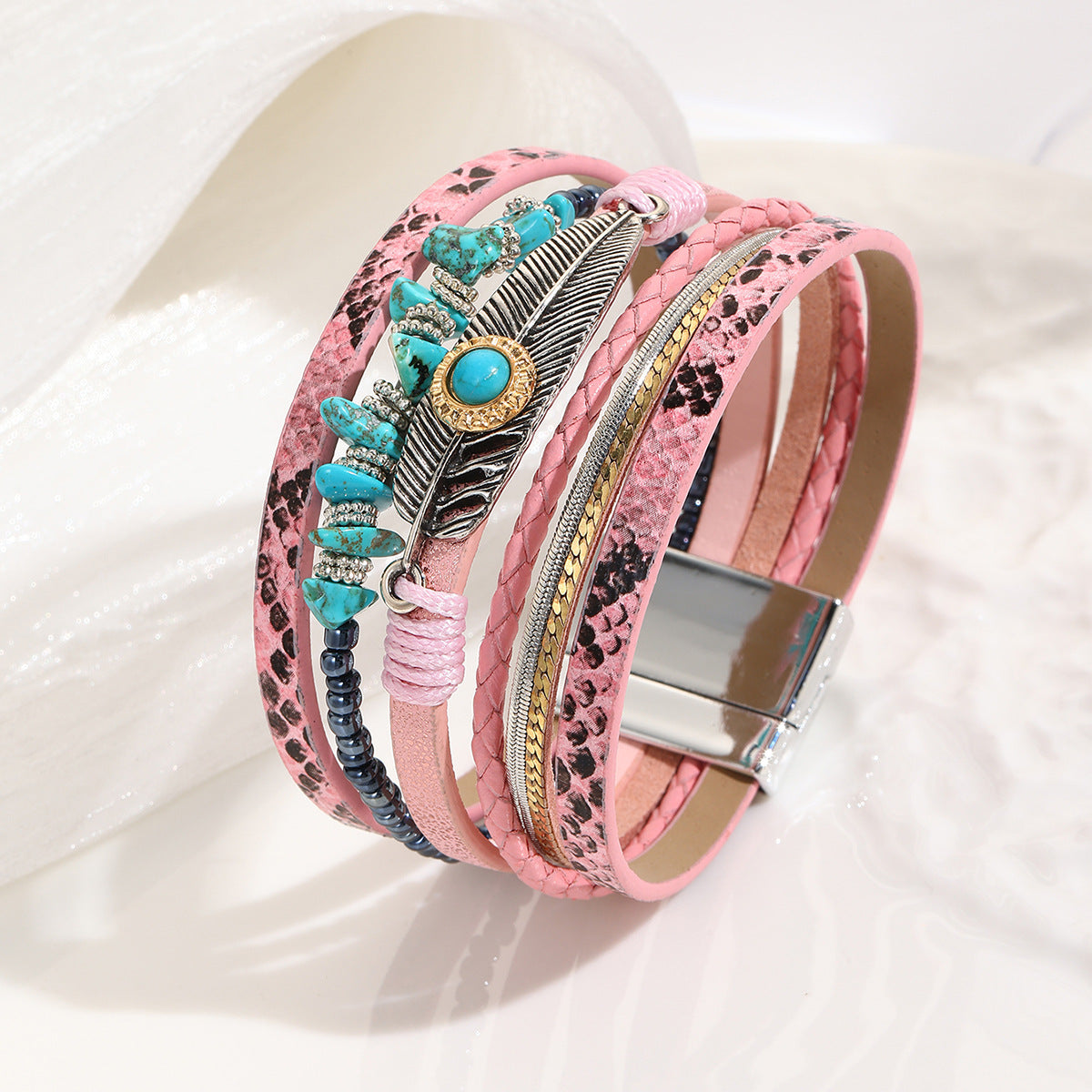 Wholesale Unisex Bohemian Faux Leather Feather Magnetic Bracelet Business Gift Jewelry Accessory