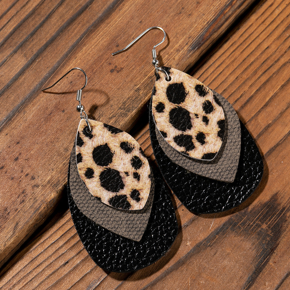 Wholesale Retro Multi-layer Water Drop Leaf PU Leather Earrings Jewelry Accessory