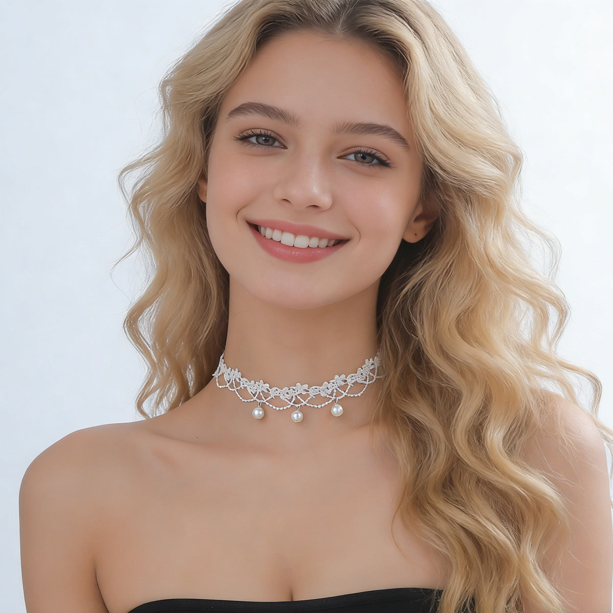 Wholesale Sweet Style White Lace Pearl Tassel Choker Necklace - Boutique Resale