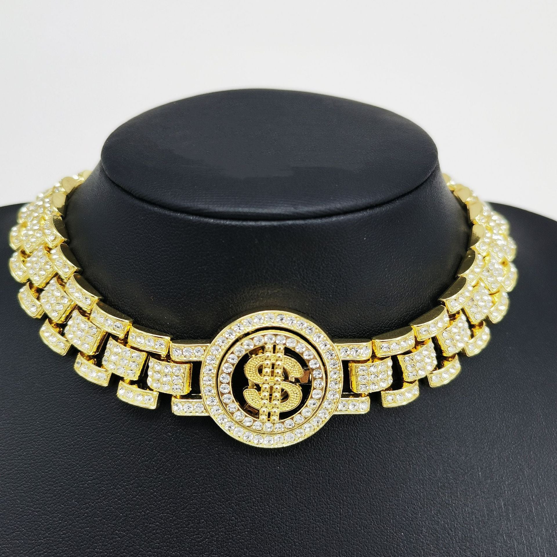Wholesale Gold Alloy Cuban Chain Necklace Rhinestone US Dollar Pendant Hip Hop Style Unisex Fashion Accessory