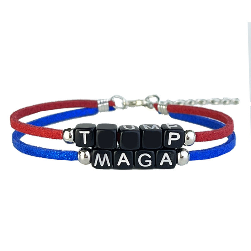 Wholesale 2 Pairs/pack American Red and Blue Letters Adjustable Leather Cord Bracelet ACC-BT-HY001