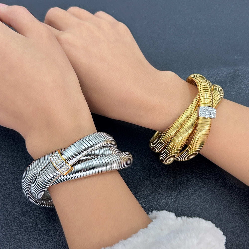 Wholesale Stainless Steel Bracelets Threaded Snake Chain Zirconia Jewelry Set Necklace Bracelet Earrings ACC-BT-Yueshi005