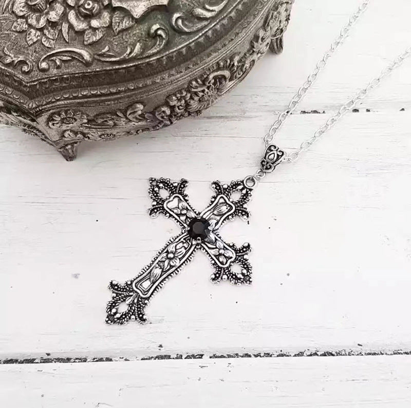Wholesale Gothic Ruby Cross Necklace  Retro Flower Lover Pendant