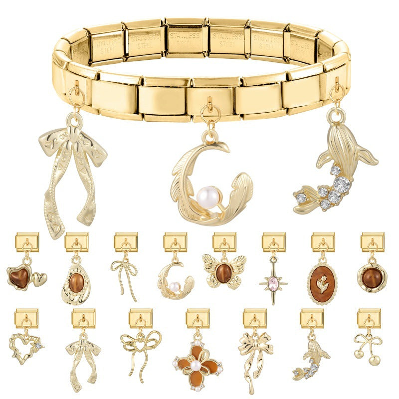 Wholesale Stainless Steel DIY Charm Bracelet Pendant with Gold Heart and Flowers Jewelry Accessory