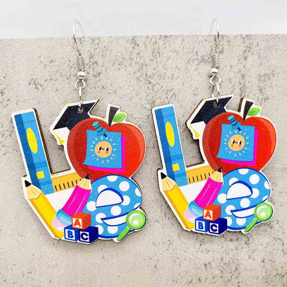Wholesale Teachers' Day Earrings Pencil Alarm Clock Wooden Earrings
