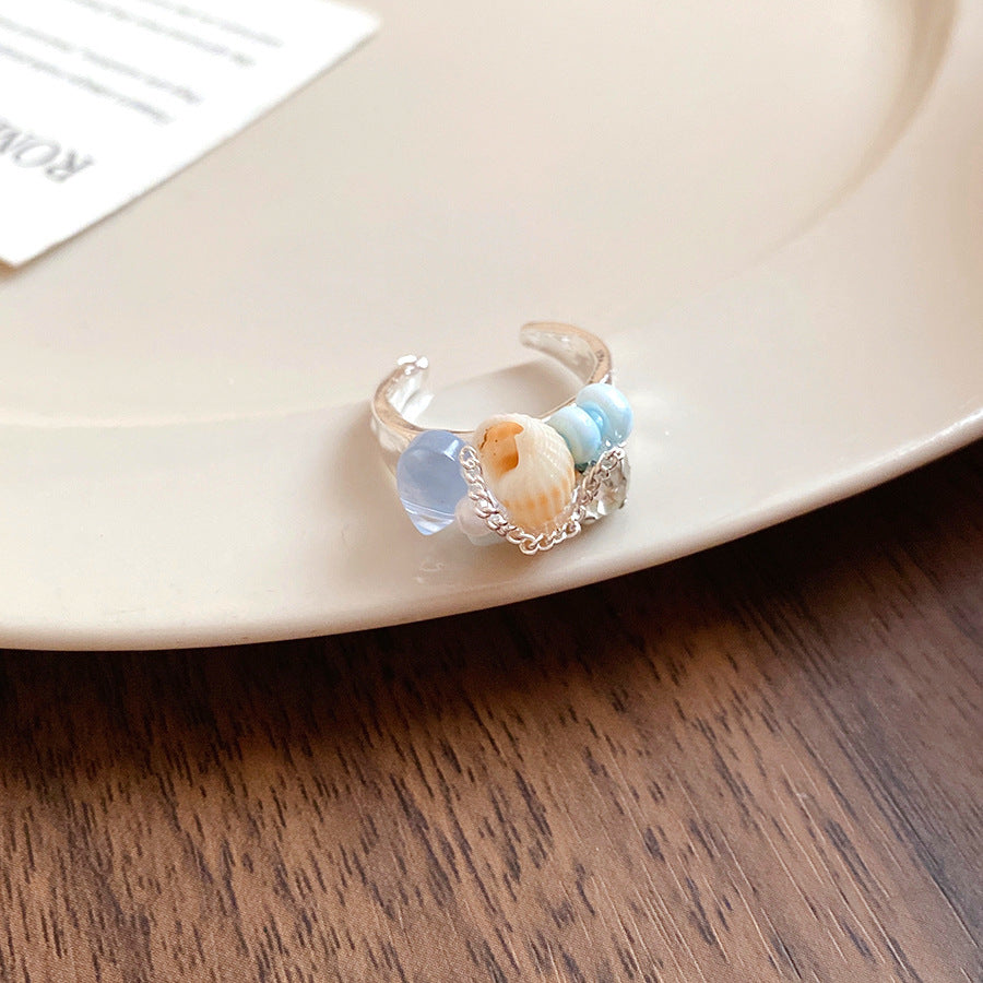 Wholesale Shell Beaded Geometric Open Ring - Sea Breeze Vacation Style Jewelry Accessory for Women