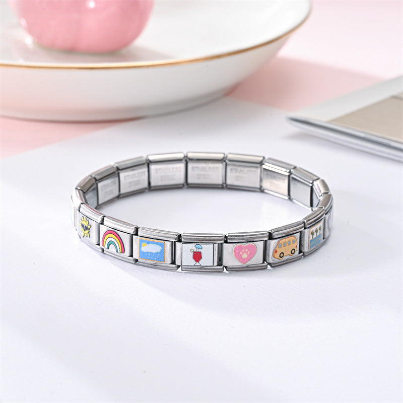 Wholesale Stainless Steel Modular Elastic Bracelet Square Train Card Printed Fashion Accessory