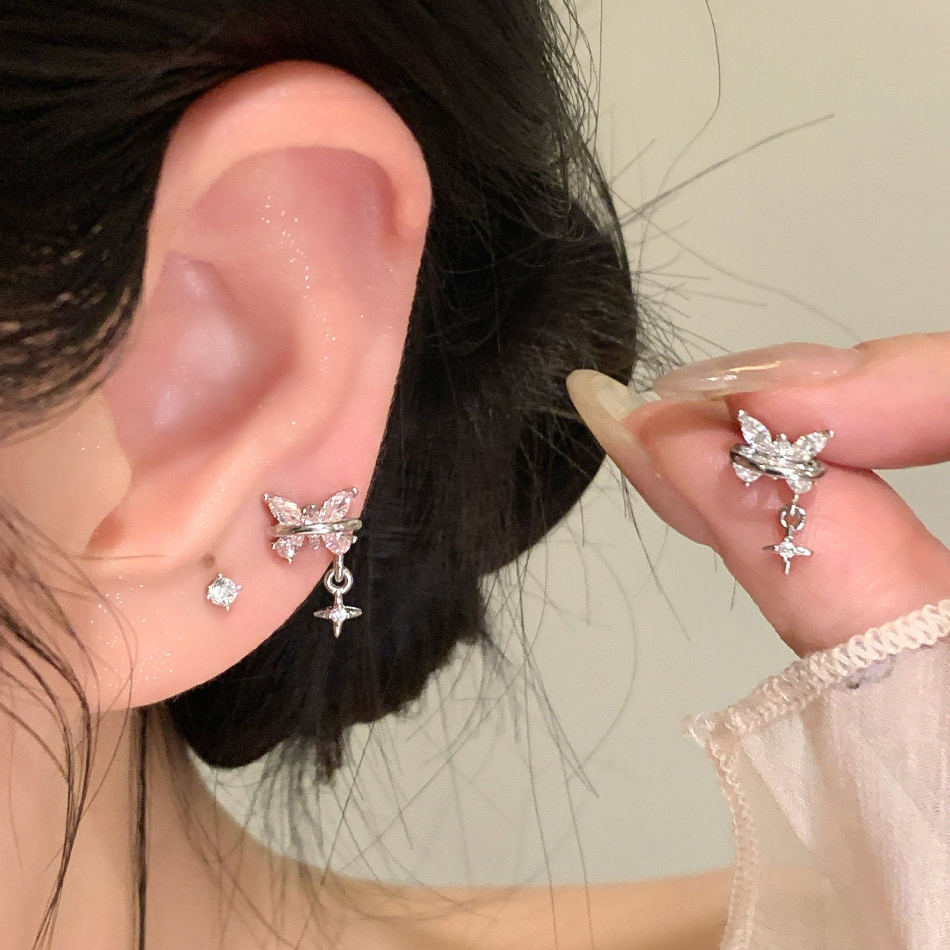 Wholesale Butterfly ear bone studs titanium steel super shiny zircon earrings