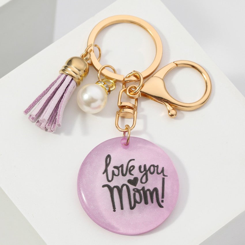 Wholesale MOM tassel pearl resin round card keychain