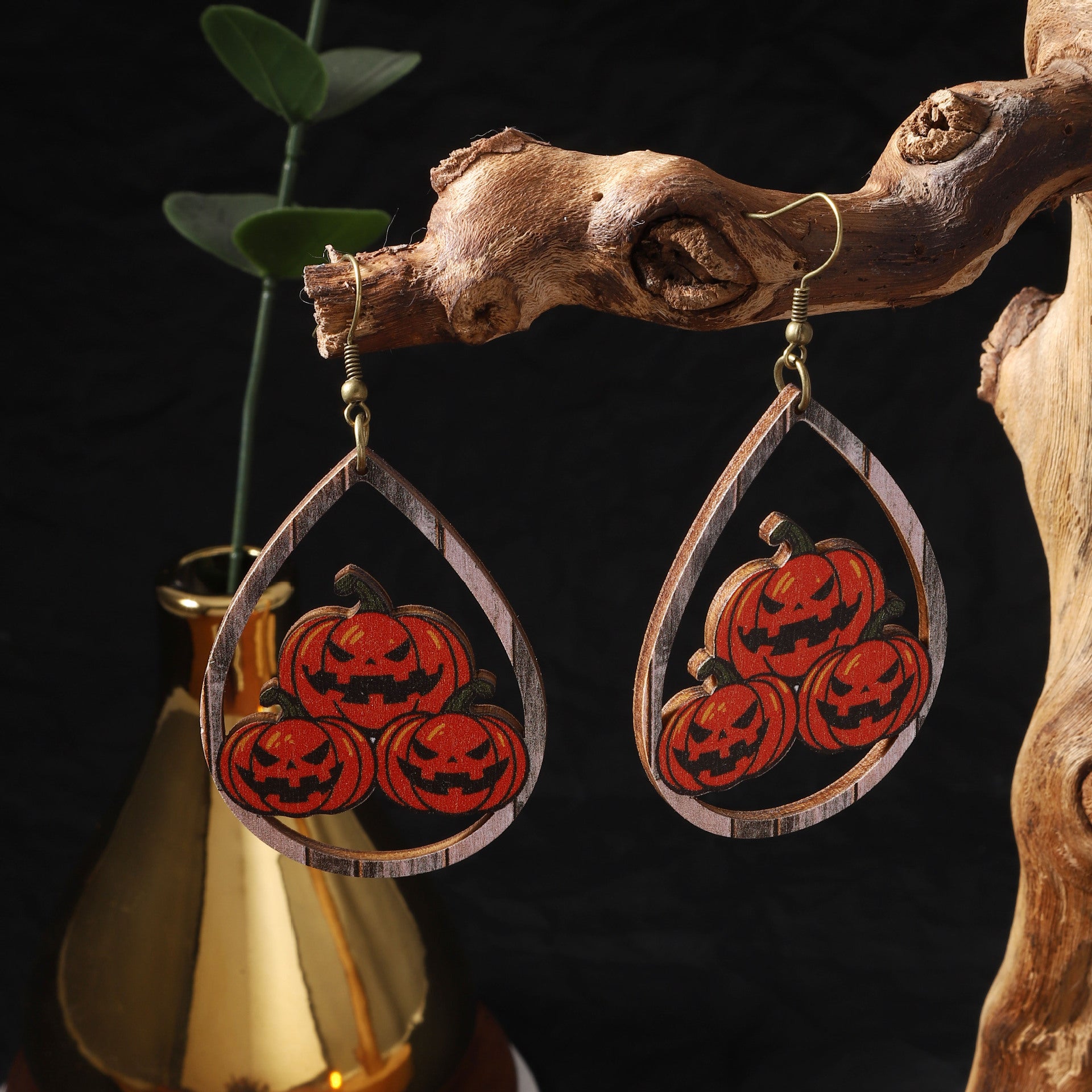 Wholesale  wooden printed water drop pumpkin head earrings