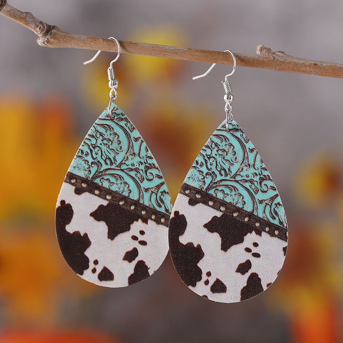 Wholesale Western Ethnic Leopard Dairy Pattern Turquoise Pattern Water Drop Earrings