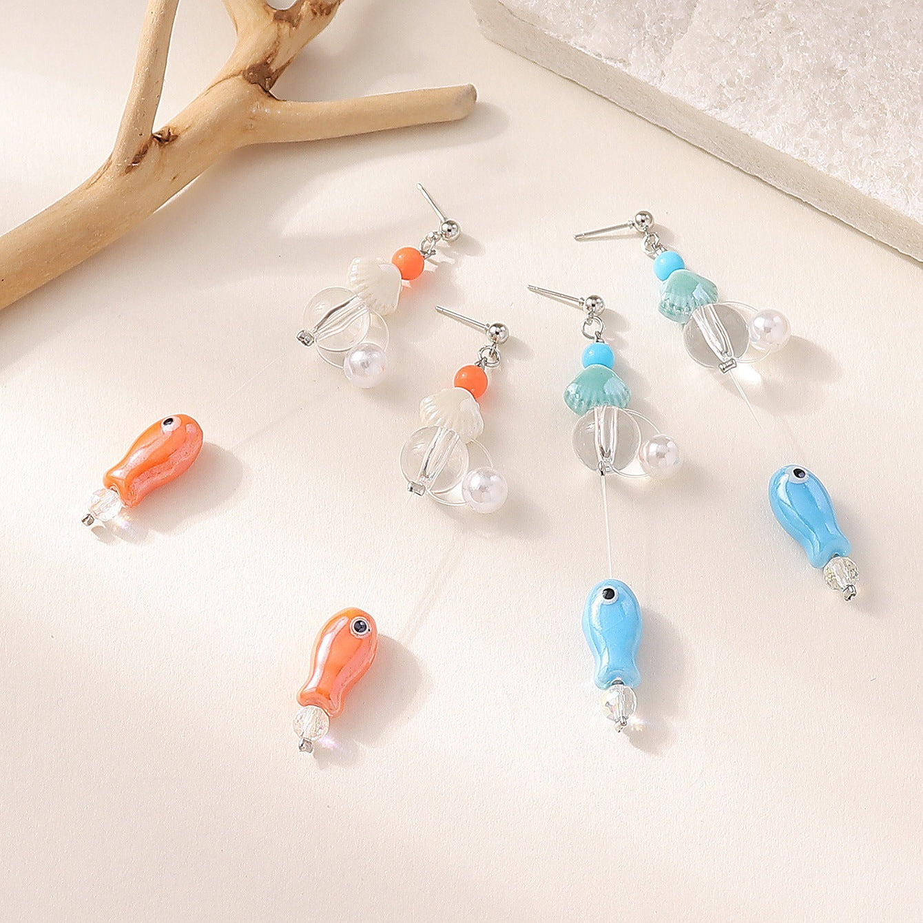 Wholesale Geometric round transparent crystal beads cute sea fish earrings