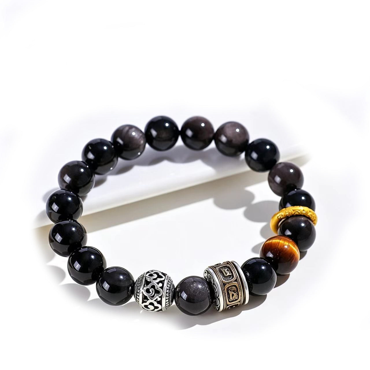 Wholesale 10Mm Silver Obsidian Tiger Eye Stone Bead Bracelet Retro Mantra Cylinder Design Stylish Unisex Jewelry Accessory For Gift Resale
