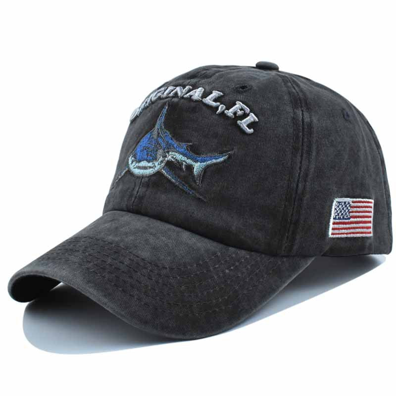 Wholesale  washed distressed baseball cap embroidered shark cotton sun hat