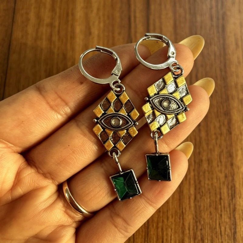 Wholesale Electroplated Alloy Retro Two-Color Green Zircon Geometric Earrings Fashion Accessory Gift