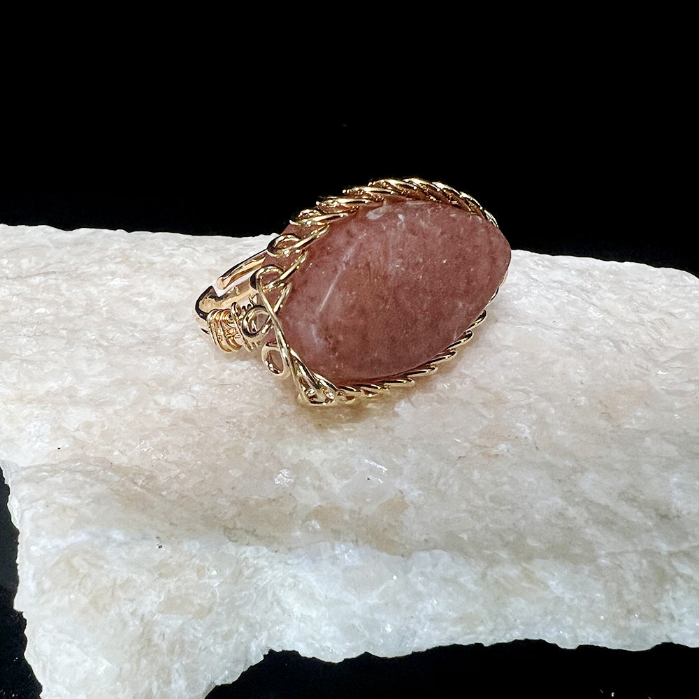 Wholesale  natural stone crystal self-healing handmade egg-shaped ring