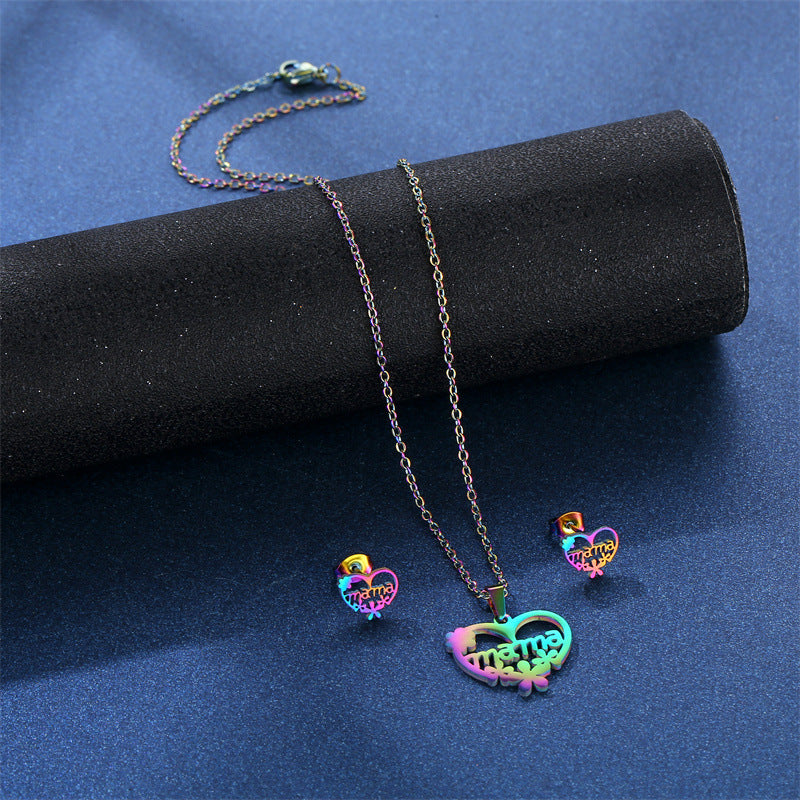Wholesale Titanium Steel Electroplated Color MAMA Pendant Stainless Steel Earrings Necklace Set Mother's Day ACC-ES-MinM018