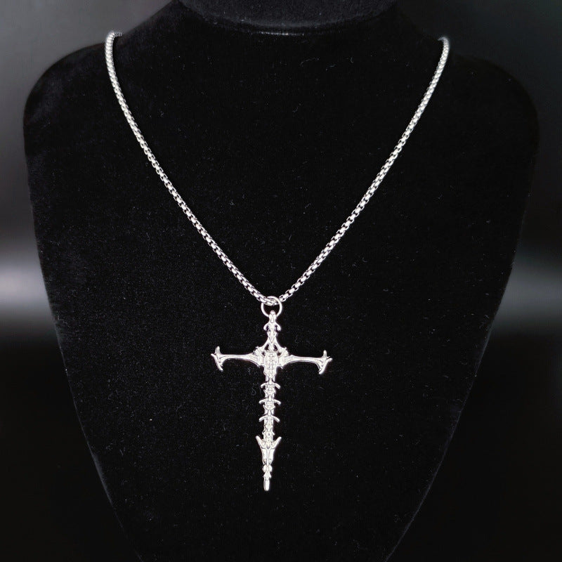 Wholesale Dark Gothic Skeleton Cross Pendant Necklace Women Titanium Steel Chain Jewelry Gift
