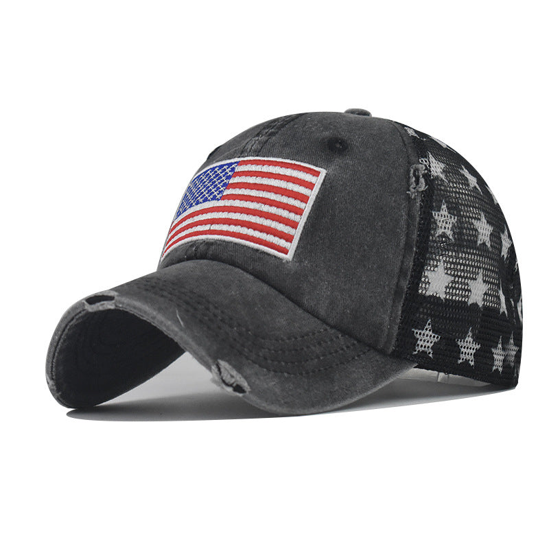 Wholesale Pure cotton washed hole five-pointed star American flag baseball cap