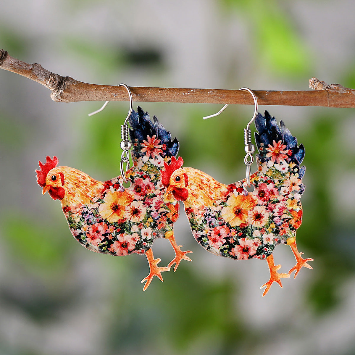 Wholesale Western Farm Flower Hen Pendant Earrings