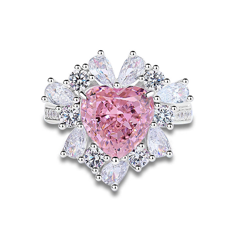 Wholesale heart-shaped pink high carbon diamond color treasure 925 sterling silver light luxury  ring