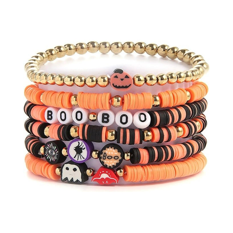 Wholesale Stylish Polymer Clay Beaded Bracelet Set,   White Ghost Theme,  7-Piece Jewelry Accessory for Boutique Resale
