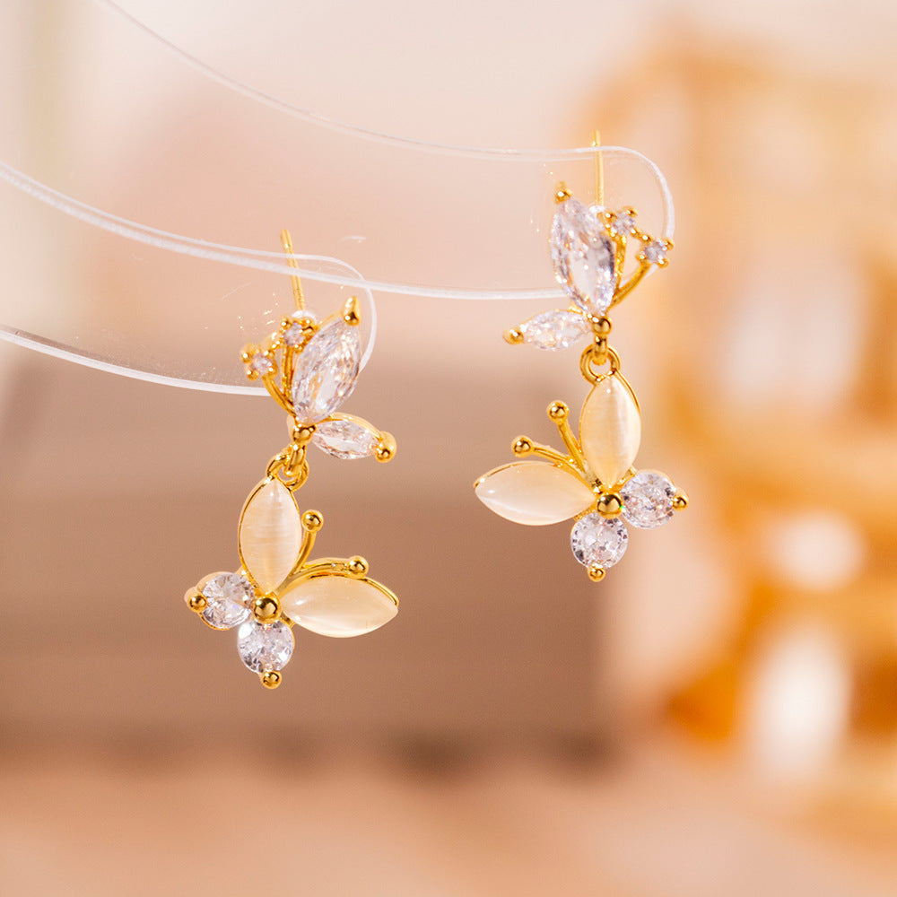Wholesale Silver Needle High-grade Zircon Butterfly Pearl Earrings