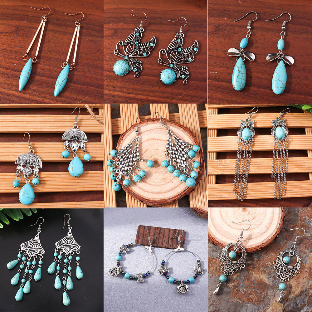 Wholesale Bohemian Turquoise Vintage Alloy Earrings Fashion Jewelry Accessory