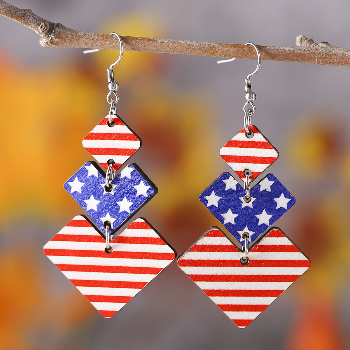 Wholesale of American Independence Day Red, White, Blue Striped Star Ice Cream Patchwork Wooden Double-sided Earrings ACC-ES-ChuLian009