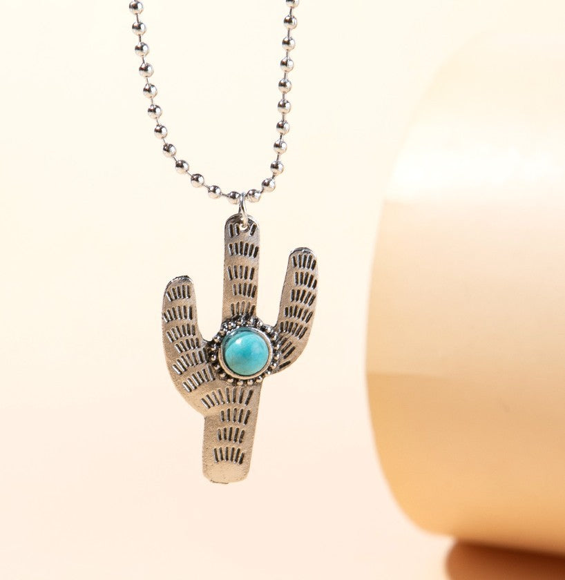 Wholesale Retro Cactus Turquoise Pendant Necklace,  Alloy Electroplated Chic Jewelry Accessory for Women