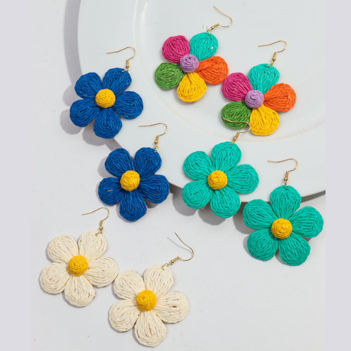Wholesale Bohemian Handmade Raffia Flower Earrings Summer Seaside Vacation Fashion Accessory