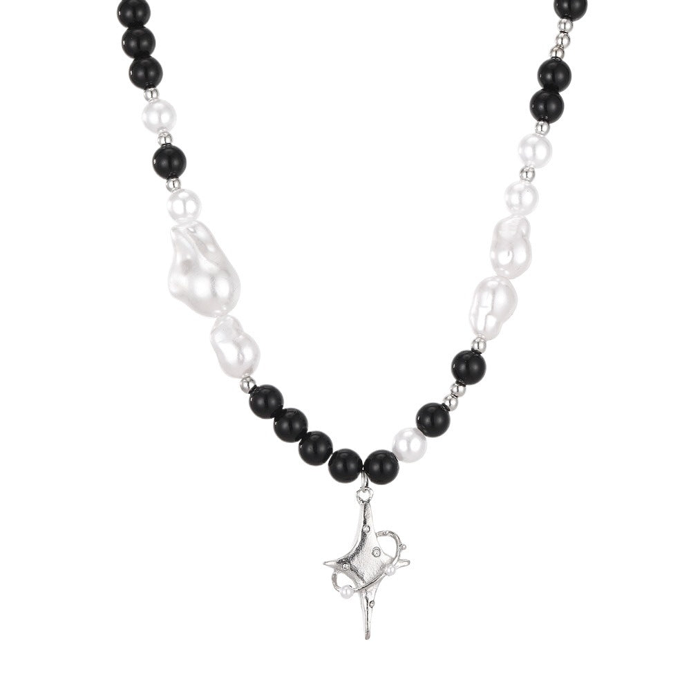 Wholesale  All-match Handmade Beaded Pearl Black and White Contrast Star Necklace