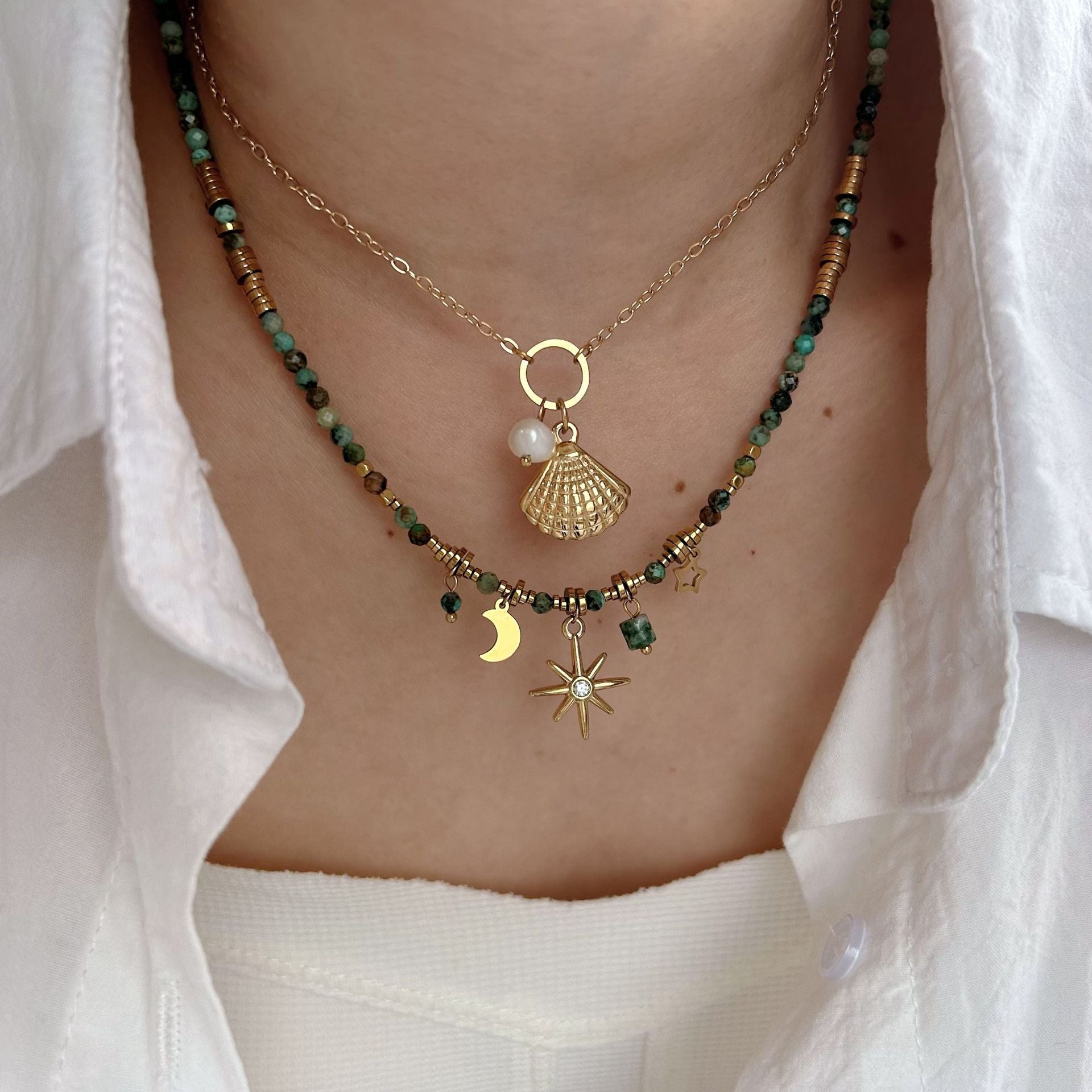 Wholesale  natural stone necklace shell mans star pendant stainless steel shell necklace